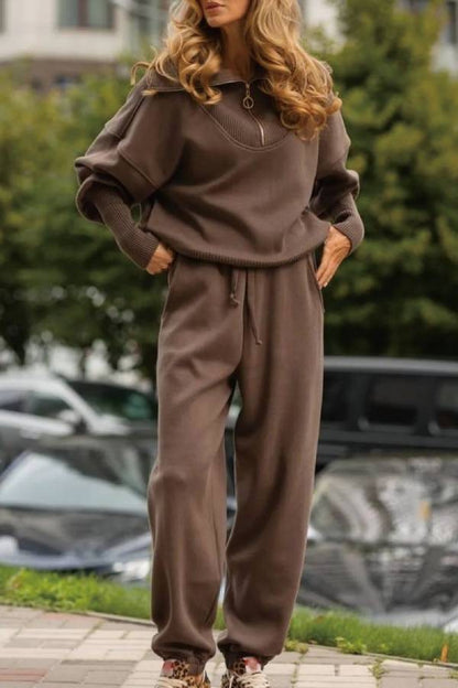 Half-open collar zipper lazy style knitted suit