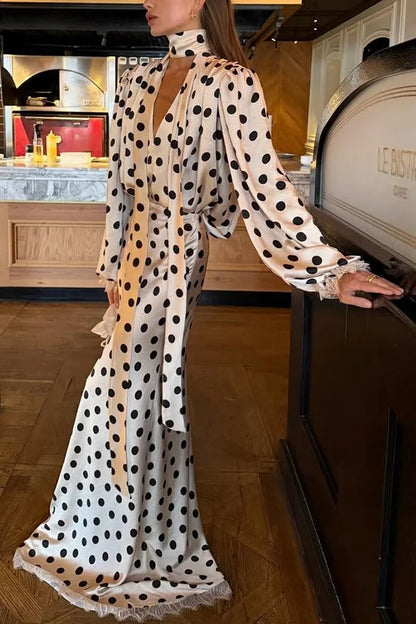 Chrissa Satin Polka Dot Print Lace Trim Tie-up Neck Balloon Sleeve Loose Blouse