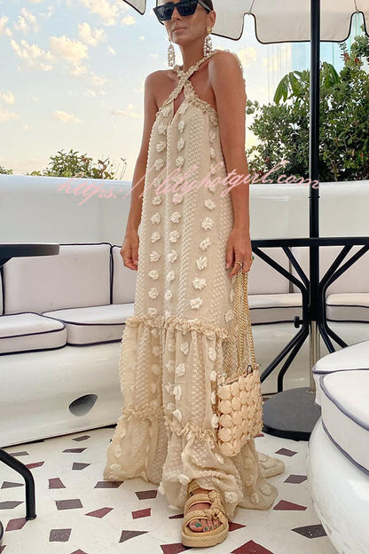 3D Floral Applique Halter Keyhole Tiered Maxi Dress