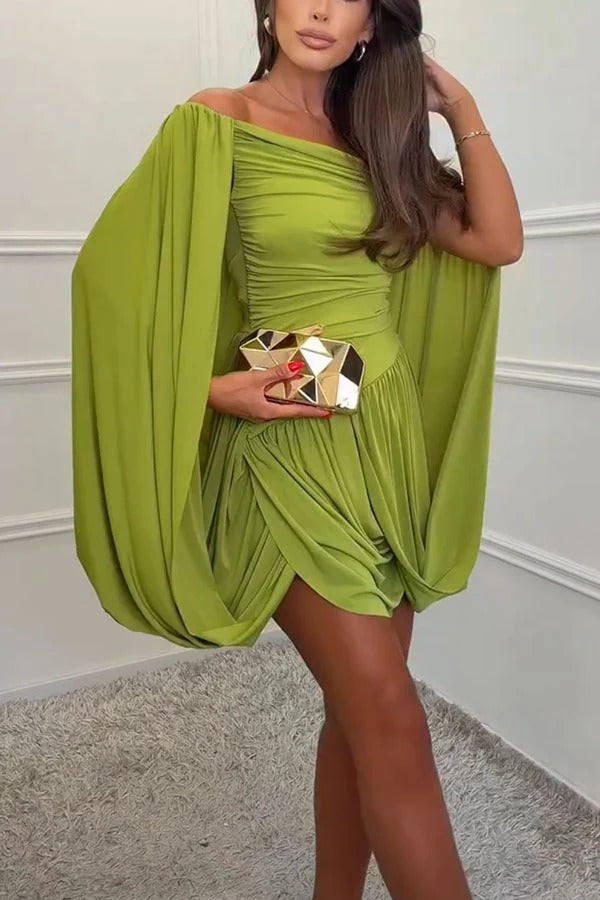 Kathy Stretch Fabric Off Shoulder Slit Cape Sleeve Puff Hem Drape Mini Dress