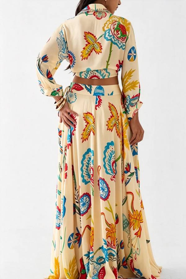 Sanganer Artistic Floral Print Tie-up Crop Blouse and High High Flare Maxi Skirt Set