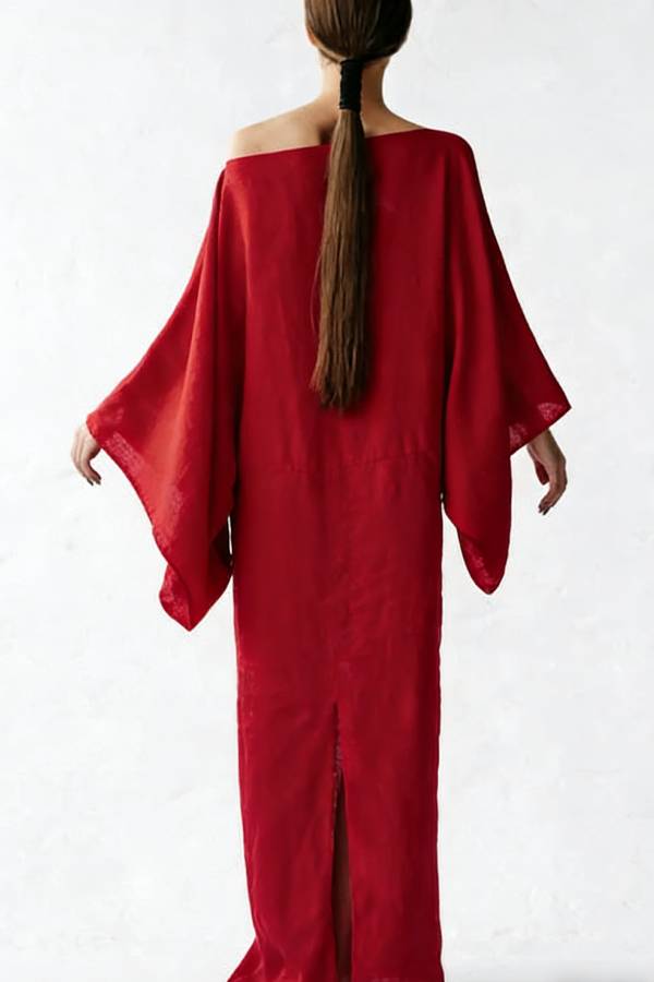 Stacie Linen Blend Wide Neck Batwing Sleeves Tie-up Waist H-line Maxi Dress
