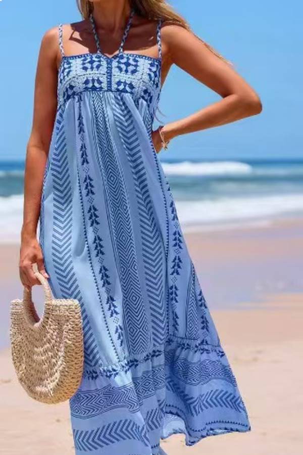 Bohemian Geometric Embroidered Cami Maxi Dress