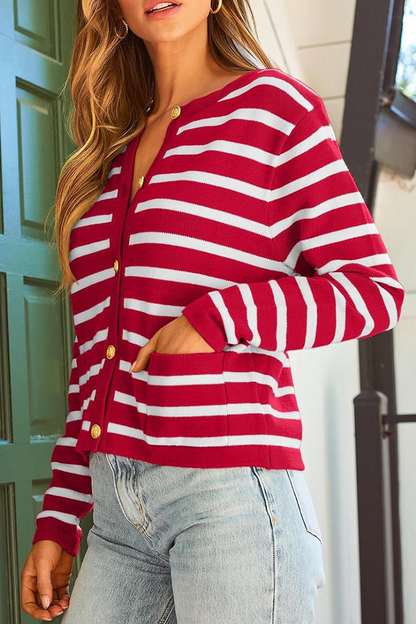Casual Daily Stripe Buttons Weave O Neck Outerwear