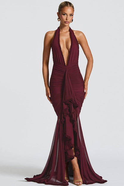 Halter Plunging V-Neck Ruched Ruffle Front Mermaid Maxi Gown