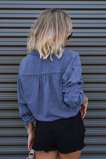 Denim Drawstring Hem Relaxed Blouse
