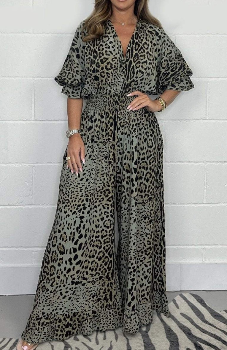 Multi-Color Leopard Print V-Neck Waisted Wide-Leg Jumpsuit