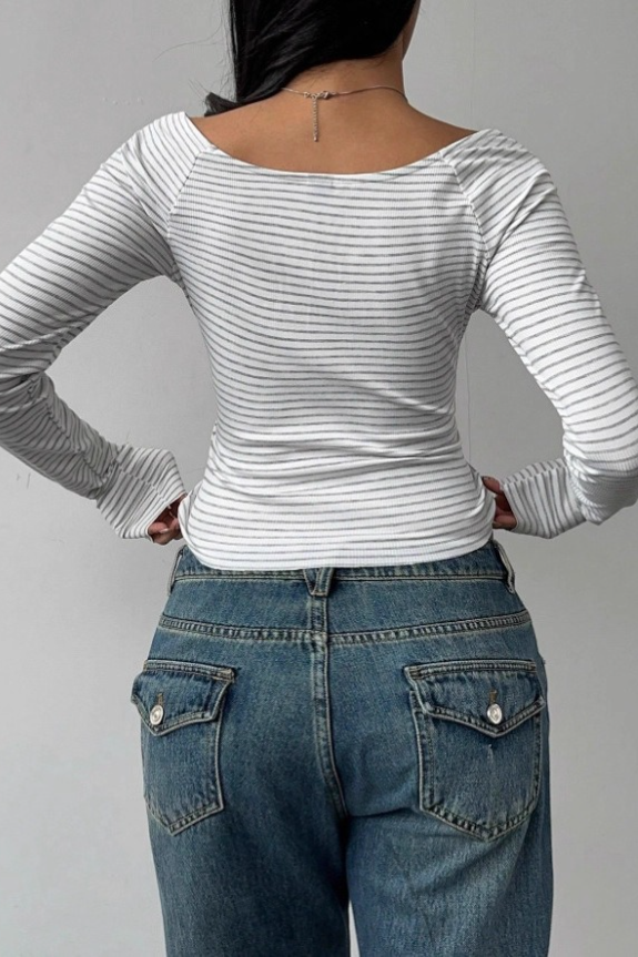 Striped Deep U Neck Ribbed Long Sleeve Knit Crop Top