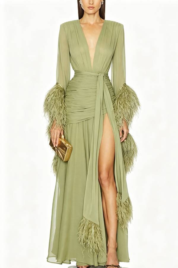 Geisha Lightweight Crepe Feather Trim Sleeve Ruched Waist Slit Maxi Dress
