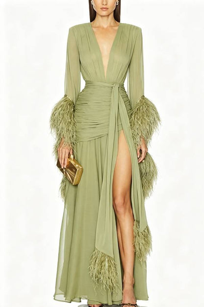 Geisha Lightweight Crepe Feather Trim Sleeve Ruched Waist Slit Maxi Dress