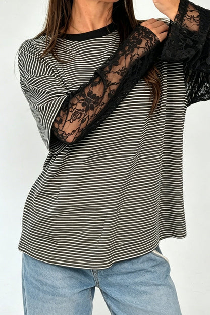 Lace Sleeve Striped Layered Tee