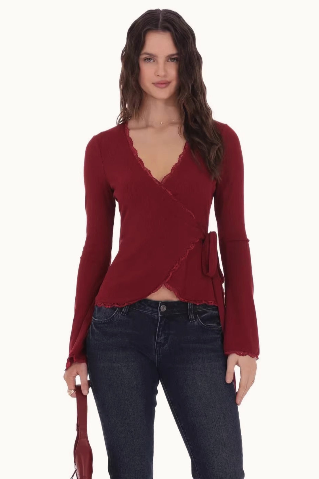 Lace Trim Wrap Tie Long Sleeve Tee