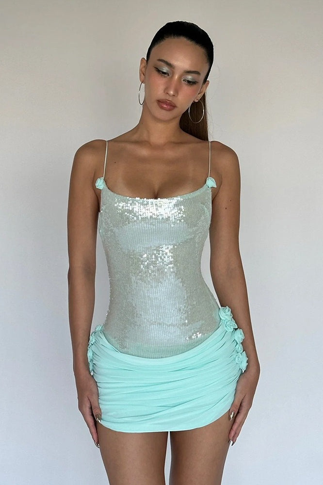 Sheer Sling Slim Floral Sequin Dress