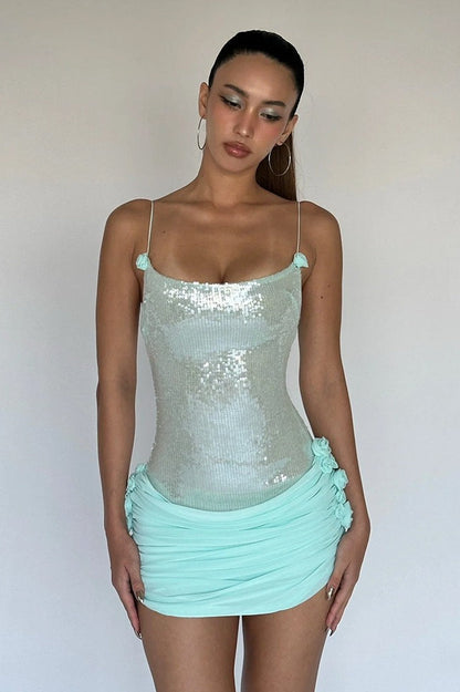 Sheer Sling Slim Floral Sequin Dress