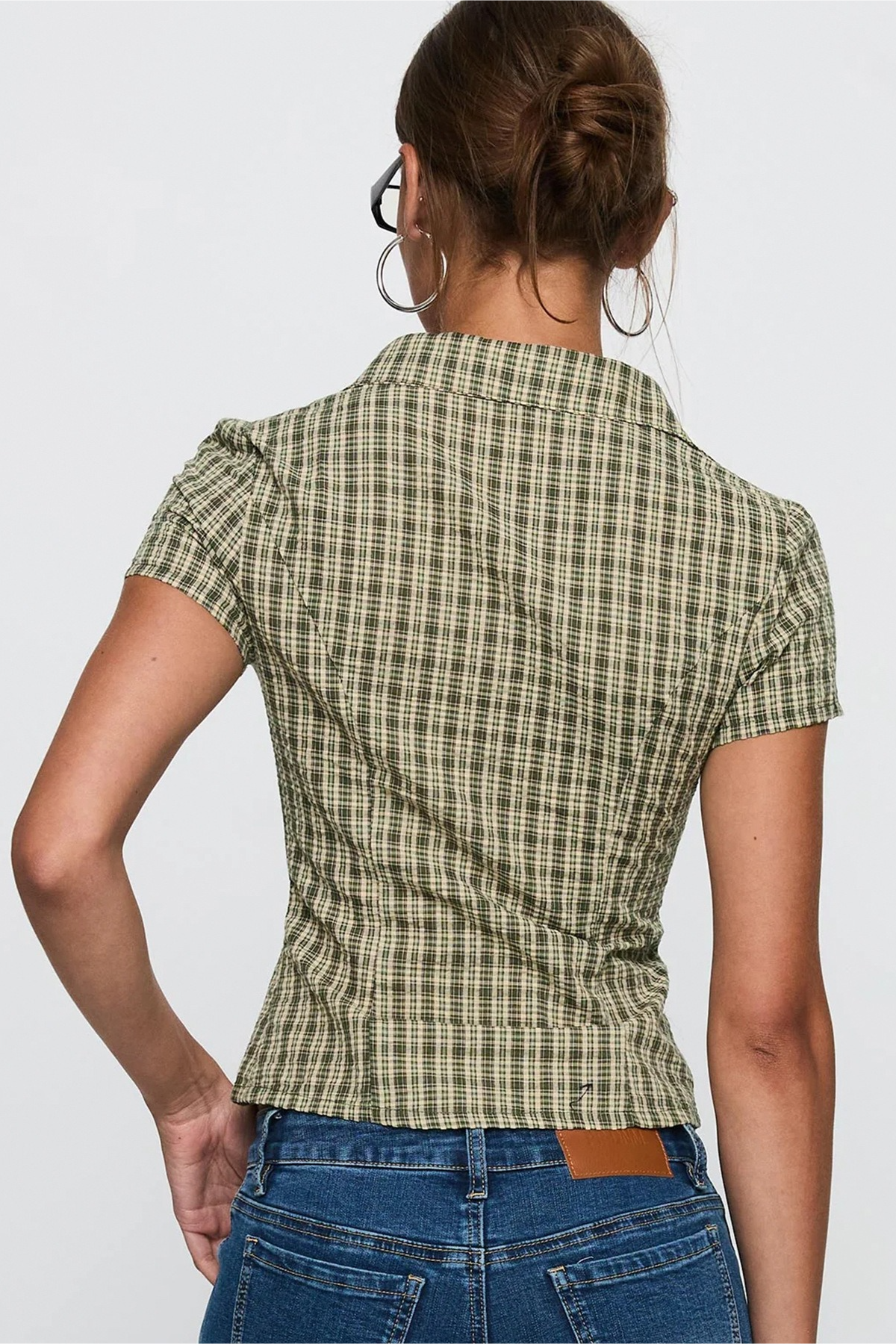 British Style Plaid Ruffled V Neck Puff Sleeve Tie Waist Blouse