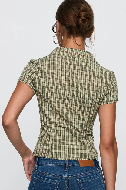 British Style Plaid Ruffled V Neck Puff Sleeve Tie Waist Blouse