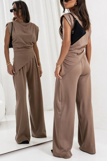 Jordy Ruched Shoulder Slit Top and Elastic Waist Pocketed Wide Leg Pants Set