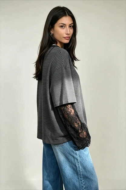 Lace Sleeve Striped Layered Tee