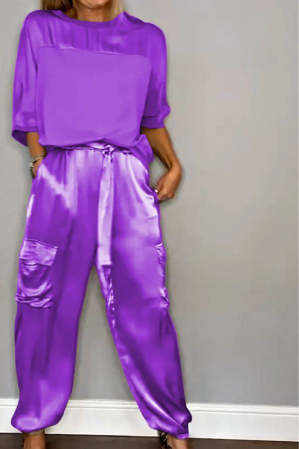 Satin Gloss Drawstring Waist-Defining Wide-Leg Workwear Set