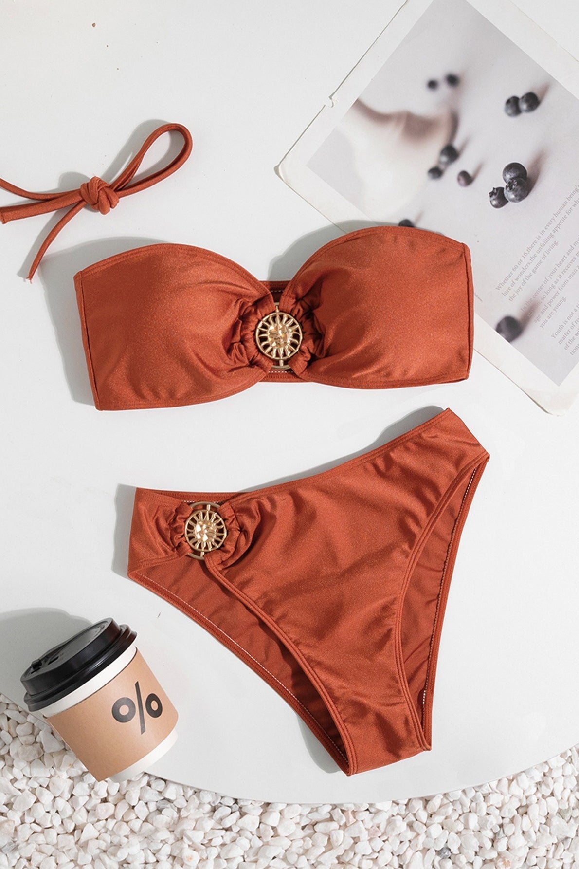 Retro High Waist Metal Detail Halter Strapless Bikini Set
