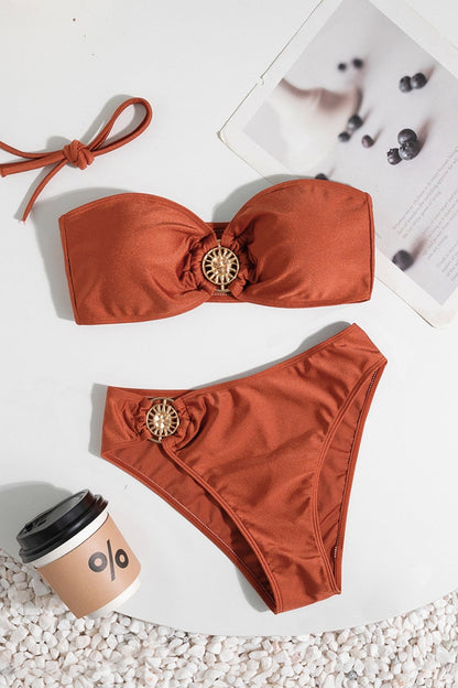 Retro High Waist Metal Detail Halter Strapless Bikini Set