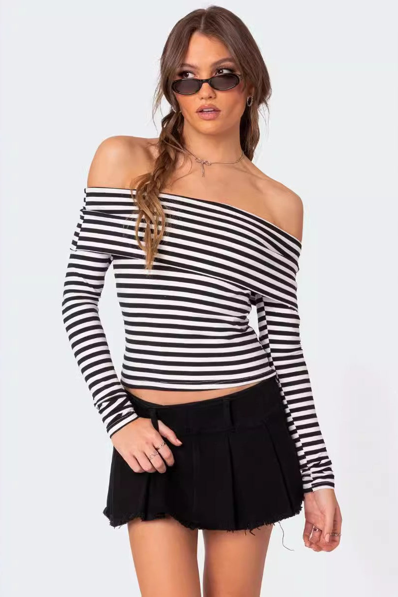 Color Block Striped Off Shoulder Knit Top