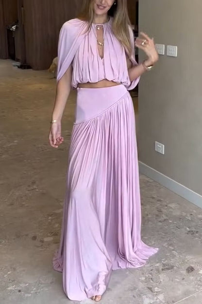 Venus Cutout Neck Slit Sleeve Crop Ruched Top and High Rise Pleated Maxi Skirt Set