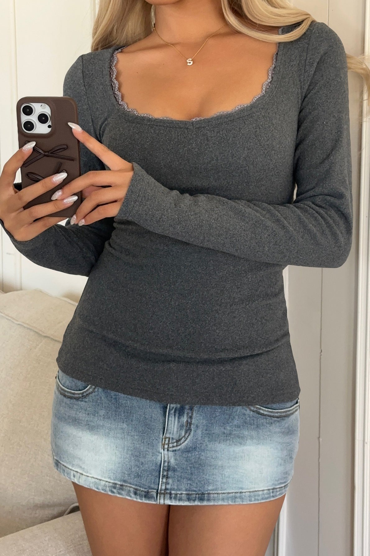 Grey Lace Trim Long Sleeve Tee