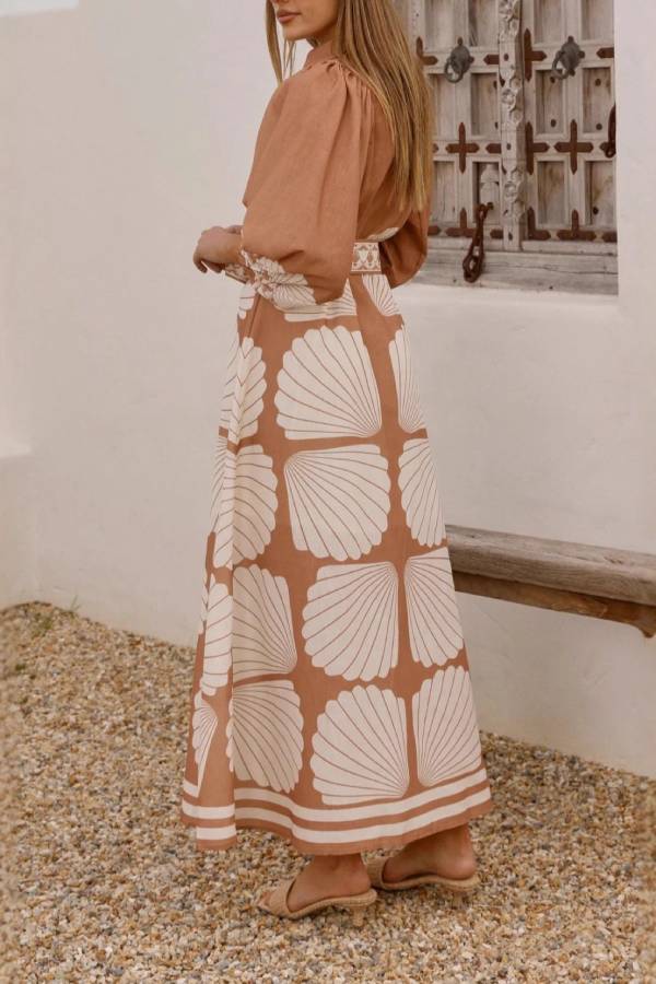 Shirt Collar Puff Sleeve Shell Print Belted Waist Maxi Dress