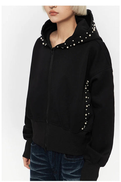 Pearl Zip-Up Loose Hoodie