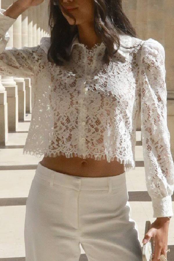 French-style lace openwork collared puff sleeve short shirt