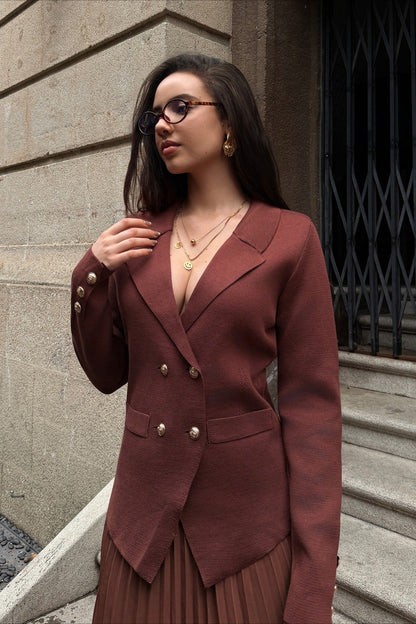 V Neck Double Breasted Knit Blazer Pleated Skirt Set