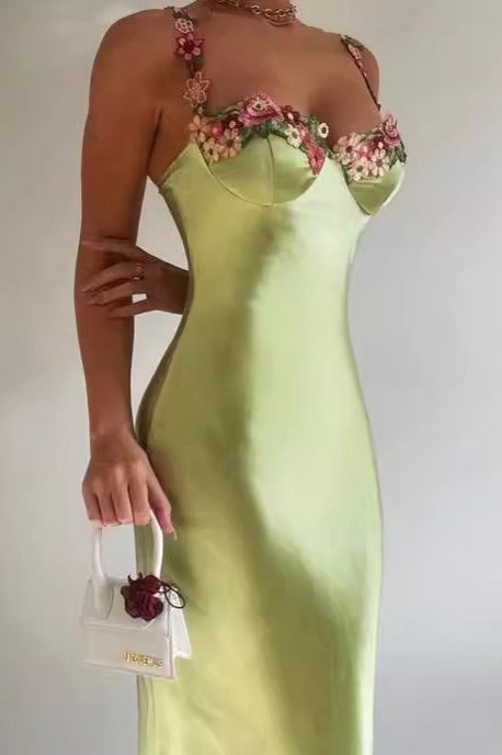 Bodycon Backless Satin Lace-Trim Cami Maxi Silk Dress