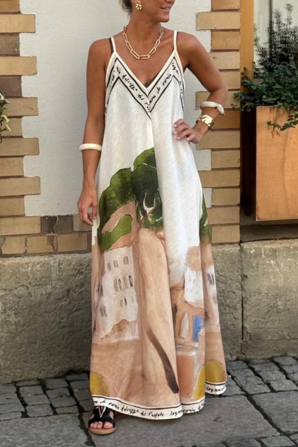 Art Oil Painting Landscape Print V‑Neck Cami Maxi Dress
