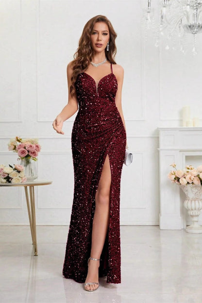 V Neck Slit Sequin Slip Prom Dress