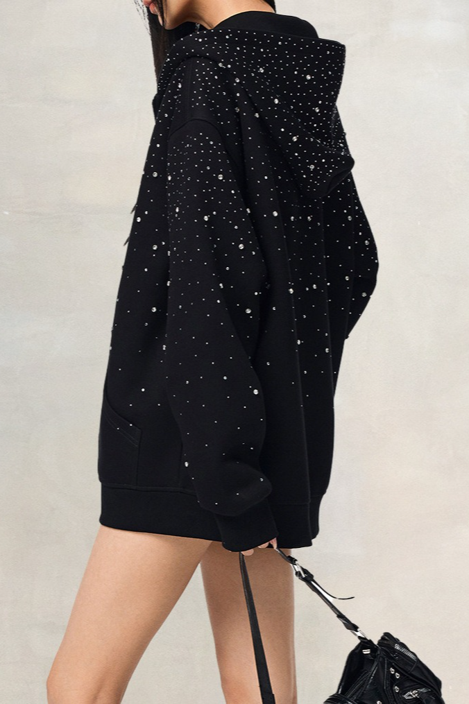 Trendy Rhinestone Air Layer Zip Black Oversized Hoodie