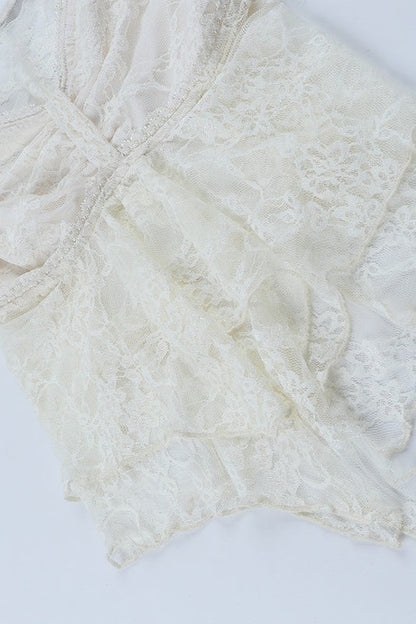 Sheer Lace Backless Flounce Hem Blouse