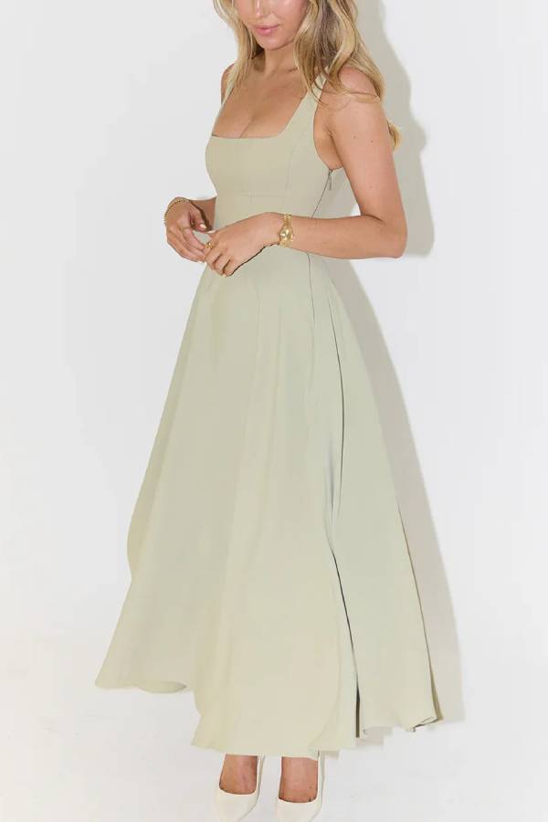 Multi-Color Square-Neck Fit-and-Flare Midi Dress