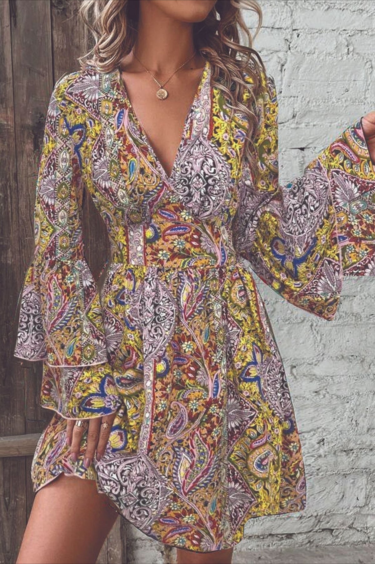Elegant Paisley Print V Neck Bell Sleeve Boho Dress