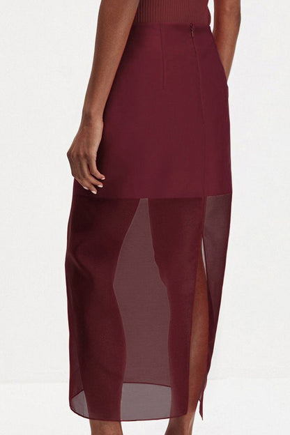 Double Layer Sheer Black High Slit Bodycon Skirt