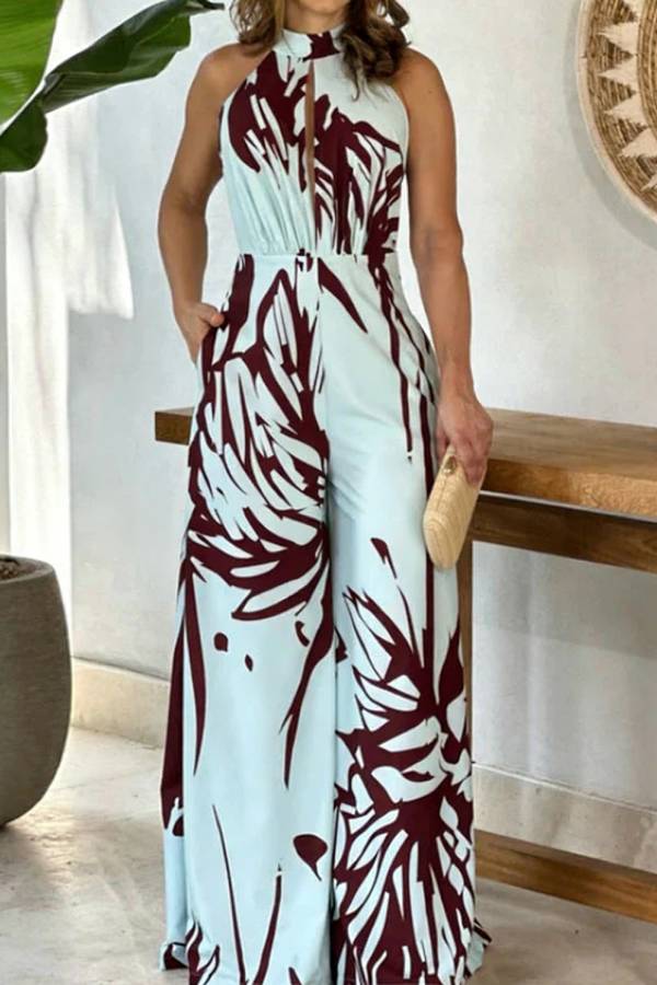 Printed Hollow Halter Sleeveless Waisted Wide Leg Jumpsuit