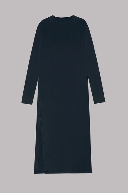 Round Neck Long Sleeve Relaxed Side Slit Maxi Dress