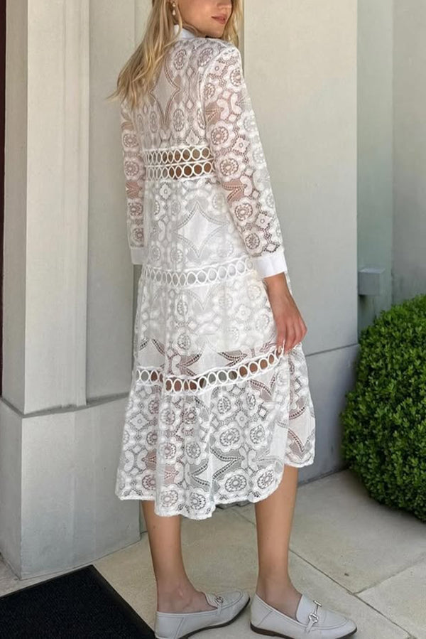 Solid Color Hollow Lace Lapel Button Long Shirt