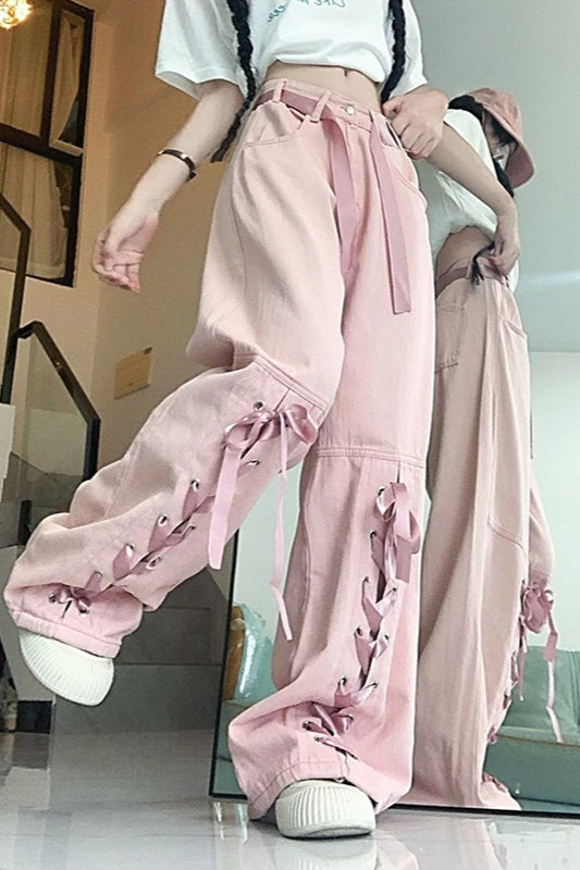Pink Bow Tie Wide Leg Cargo Jeans