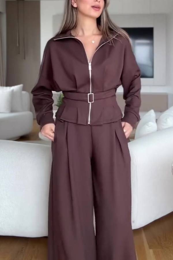 Stand Collar Zip Waist Cinched Wide Leg Pants Matching Set Elegant Two Piece Co-Ord