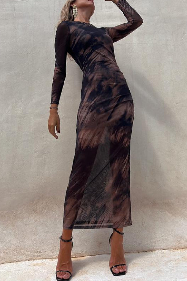 Abstract Tie Dye Print Ruched Side Slit Long Sleeve Midi Dress