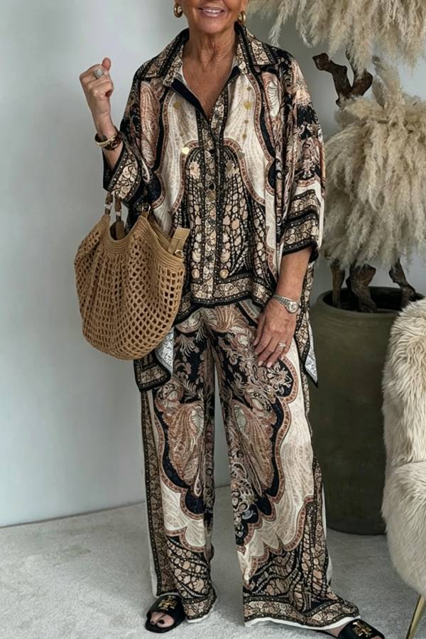 Julia Paisley Print Batwing Sleeve Irregular Hem Blouse and Elastic Waist Pocket Loose Pants Set