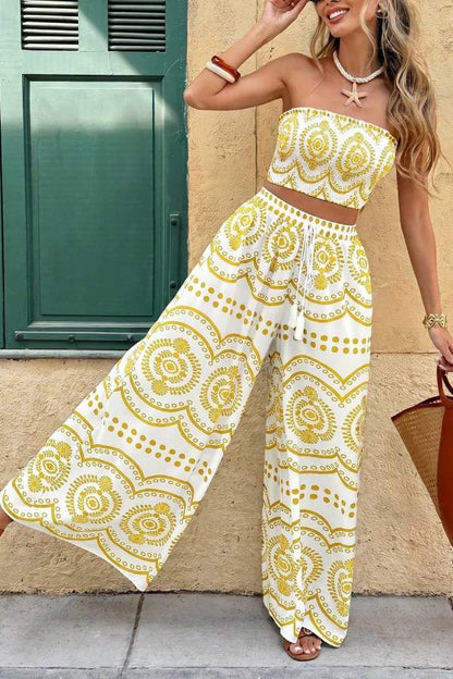 Ethnic Print Tube Crop Top & High Waist Wide Leg Pants 2-Piece Vacation Set