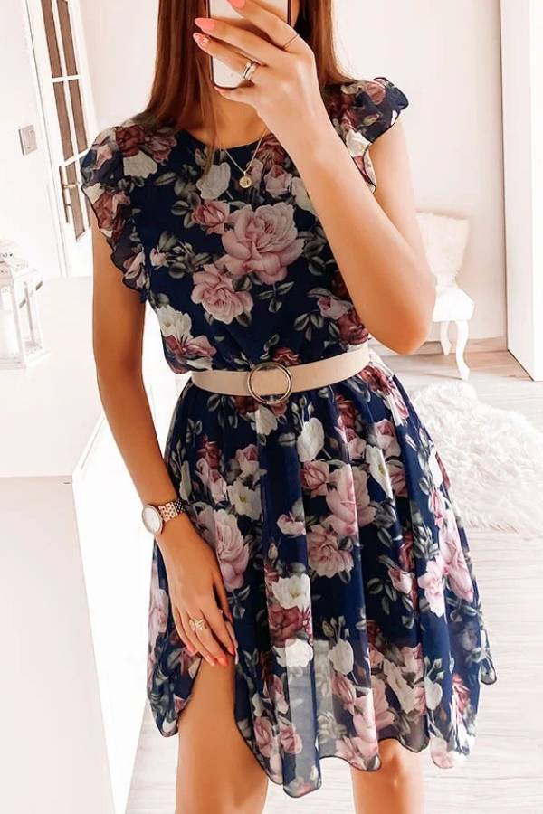 Multi-Color Rose Print Ruffle-Sleeve Waisted Dress
