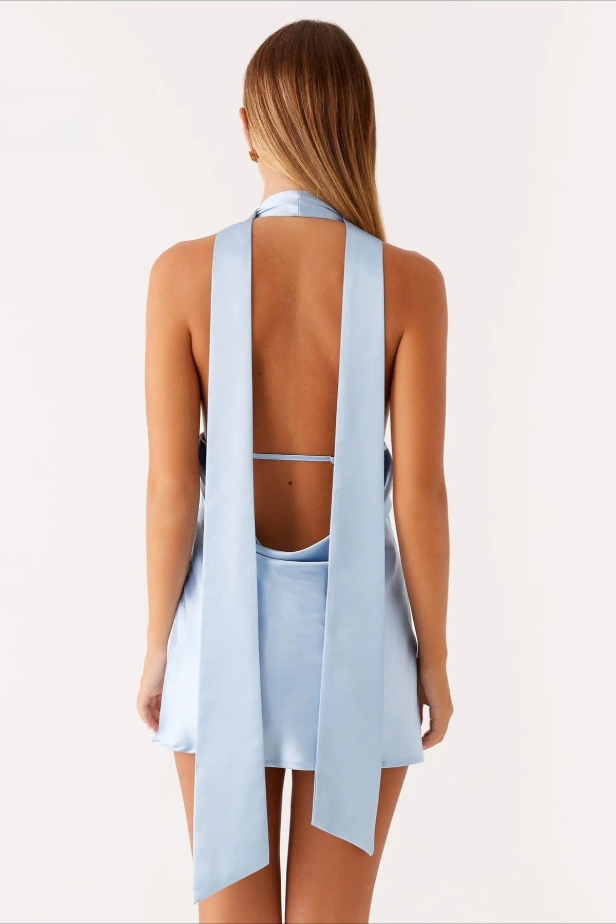 Satin Plunging V-Neck Halter Scarf Strap Backless Mini Dress
